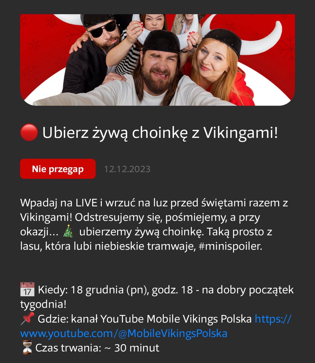 Wpadaj na LIVE i wrzuć na luz przed świętami razem z <a href="/MobileVikingsPL/">Mobile Vikings PL</a>!

📅 Kiedy: 18 grudnia (pn), godz. 18 - na dobry początek tygodnia!
📌 Gdzie: kanał YouTube Mobile Vikings Polska youtube.com/@MobileVikings… 
⏳Czas trwania: ~ 30 minut
