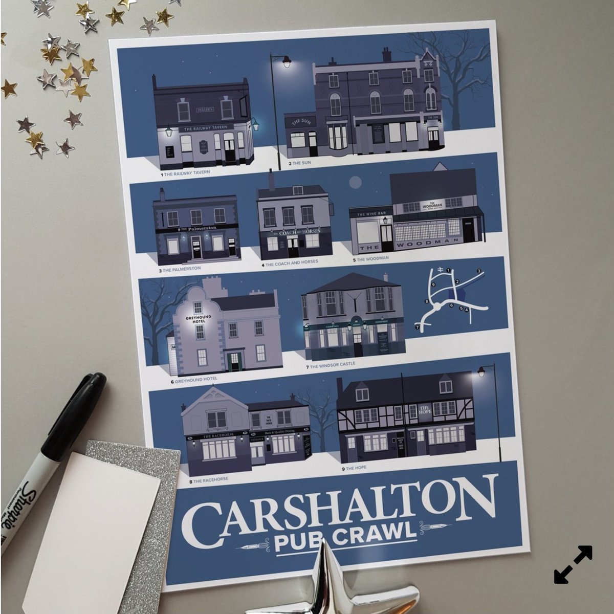 A4 limited edition Carshalton Pub Crawl at night poster. We have some in stock for delivery by Christmas. Last post Monday 18 December. Which is your favourite pub? 
lazystuff.com/shop/carshalto…
