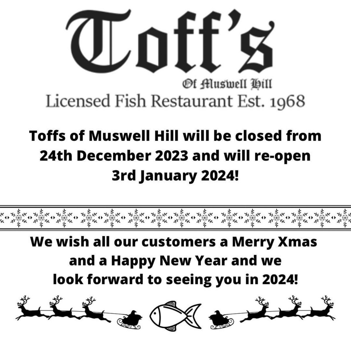 Muswell Business (@inmuswellhill) on Twitter photo 🐟 Our beloved fish and chips haven, the mighty <a href="/toffsfish/">Toffs Fish</a> will be taking a festive break, closing on Christmas Eve and reopening their doors on January 3rd. If you can’t wait to indulge in their delicious offerings in the new year grab few takeaways before 23/12! 🍟 #MuswellHill 🐟 Our beloved fish and chips haven, the mighty <a href="/toffsfish/">Toffs Fish</a> will be taking a festive break, closing on Christmas Eve and reopening their doors on January 3rd. If you can’t wait to indulge in their delicious offerings in the new year grab few takeaways before 23/12! 🍟 #MuswellHill