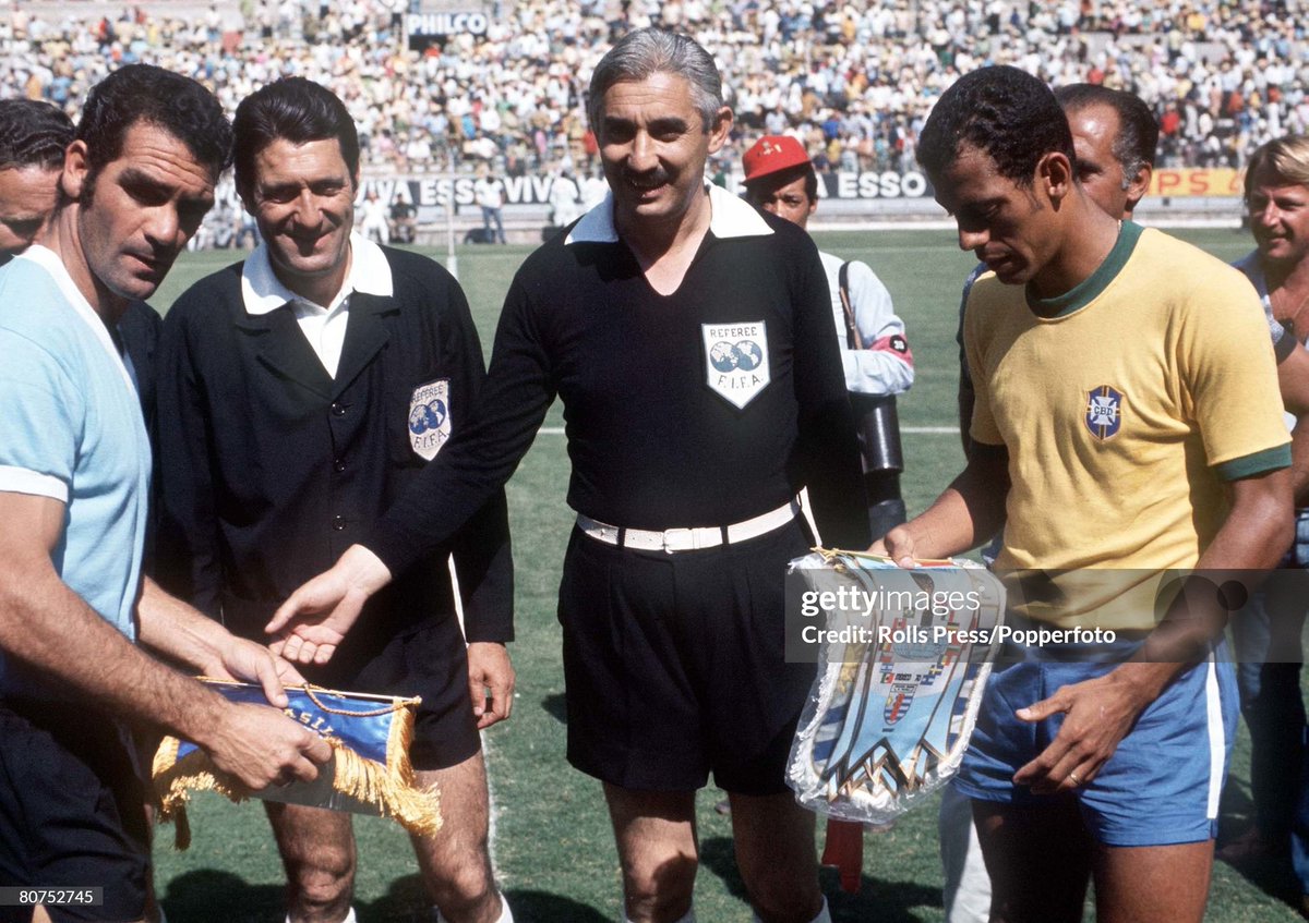 footballkitpod's tweet image. It seems strange to think that uniform kits for match officials are a (relatively) new thing

At the 1970 World Cup, they still
provided their own - note the difference between referee José María Ortiz de Mendíbil (left) and linesman Tofiq Bakhramov