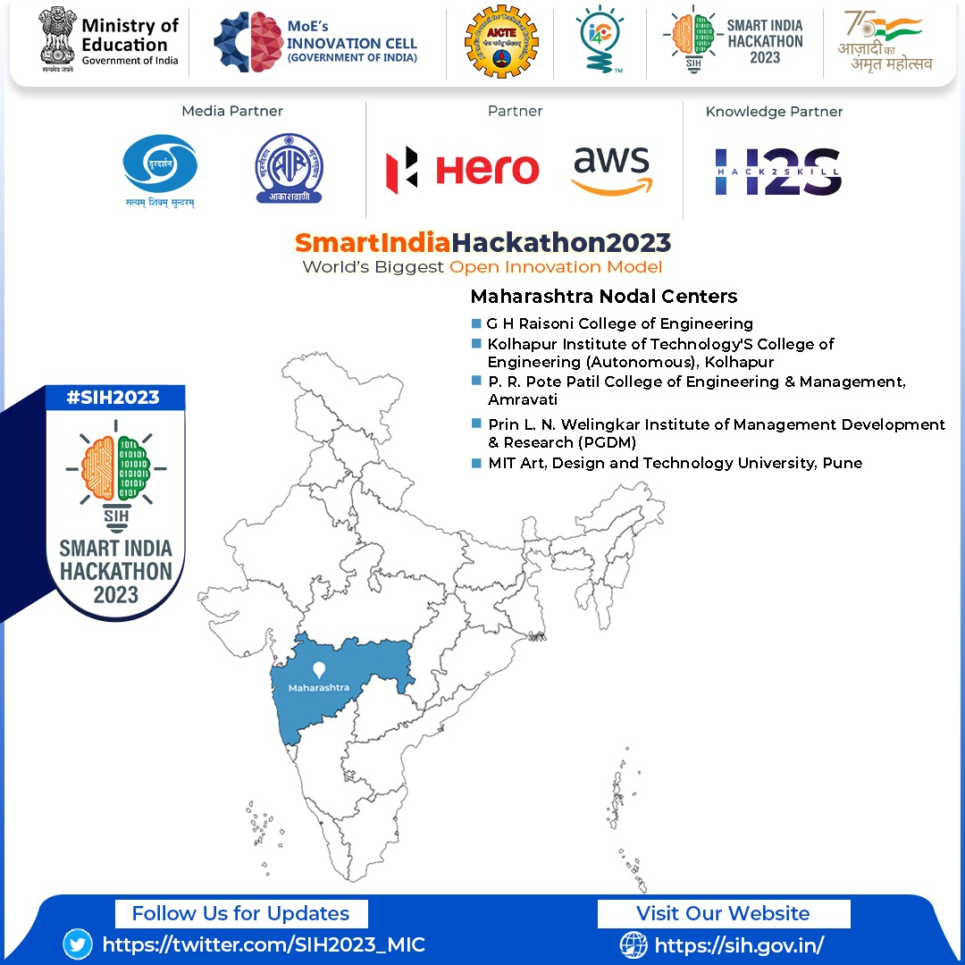 #SmartIndiaHackathon2023: Nodal Centres from Maharashtra: 1. G H Raisoni College of Engineering-@ghrce_nagpur 2. Kolhapur Institute of Technology (@officialkitcoek) 3. PR Pote Patil College of Engineering and Management (@prpgei) 4. Welingkar Institute of Management…