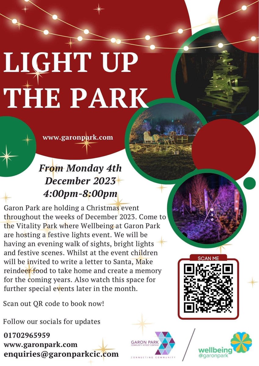 DON'T MISS! 🎄 Light Up The Park from @WellbeingGaron1 - festive lights and crafts for the family until Wednesday 20 December. ✨ 📅 4 - 20 December 🕓 4pm - 8pm 📍 Garon Park More info 👉 ow.ly/kqWk50Qejyq