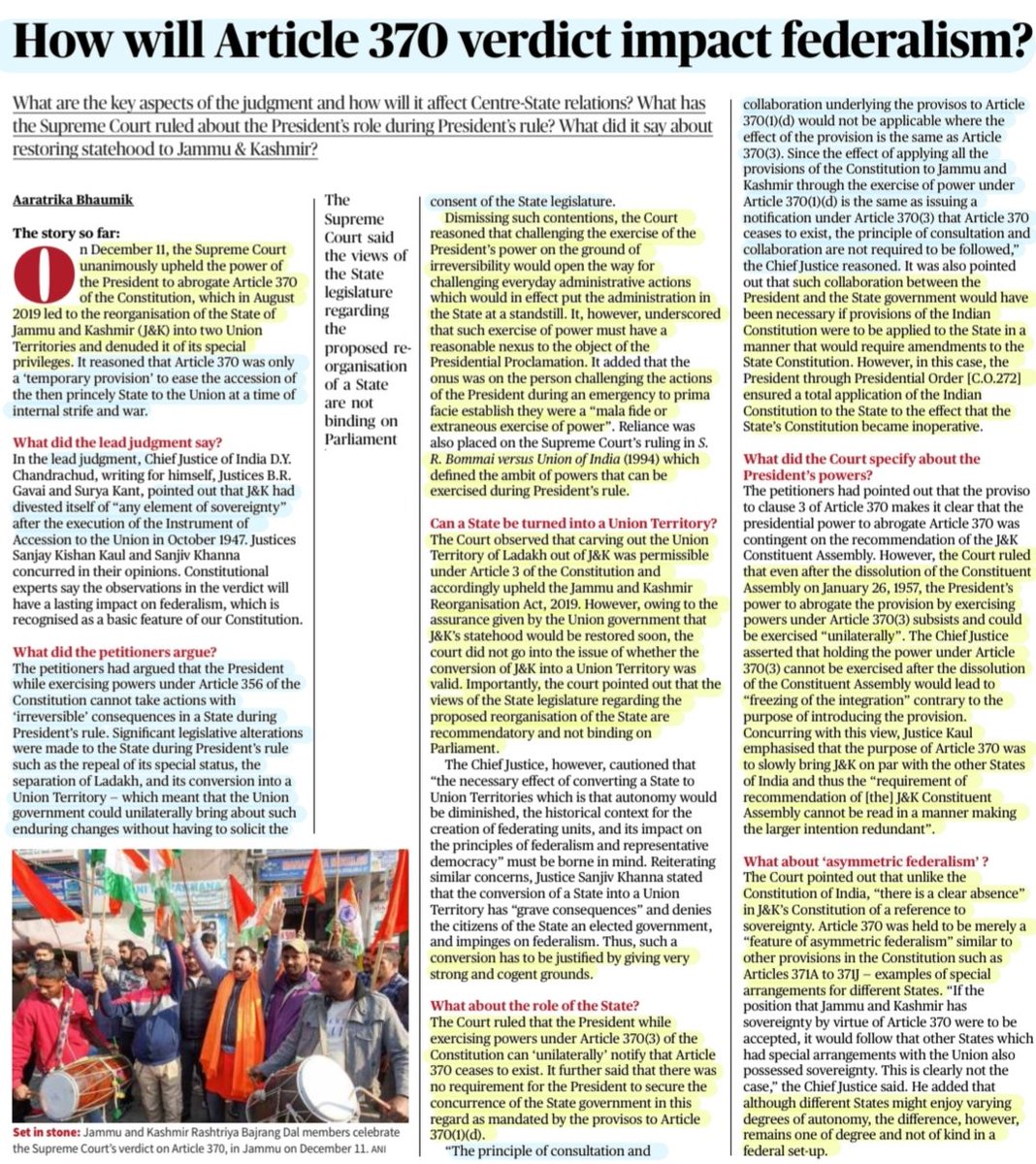 'How will Article 370 verdict impact Federalism?'
:Well Explained by Ms Aaratrika Bhaumik
@Aaratrika_11  

#Article370Verdict 
#Article370Abrogation 
#JammuKashmir #Ladakh 
#PresidentRule #Art356 
#sovereignity 
#SupremeCourt #Federalism #Statehood
#Polity #law 

#UPSC 
Source:TH