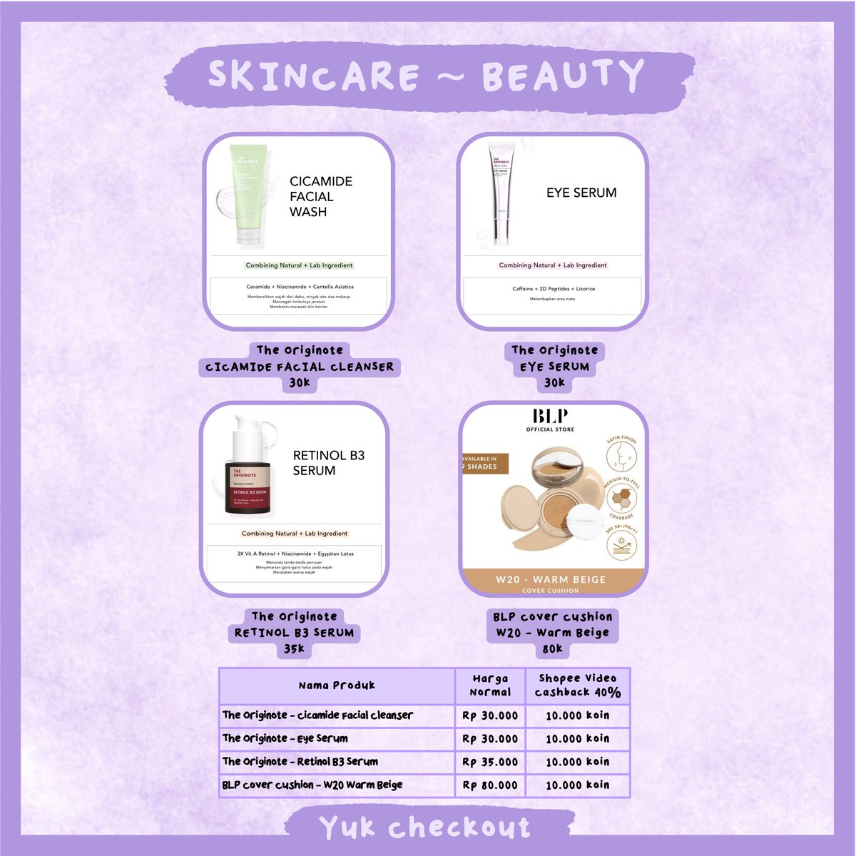 YukCheckout's tweet image. WTS jual
- BLP Cover Cushion - W20 Warm Beige 80k
- The Originote facial wash fw 30k
- The Originote eyeserum 30k 
- The Originote retinol B3 serum 35k

📍 dom JKT
bisa shopee live diskon 10%
bisa shopee video cashback 40%

#zonauang