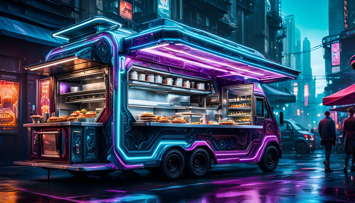 Food truck

#aiart  
#digitalart 
#vqganclip 
#HighTechFoodTruck
#AutomatedCooking
#SmartKitchen
#InnovativeDining
#CulinaryTechnology
#MobileGourmet
#RoboticCuisine
#GourmetOnWheels
#SmartAppliances
#AutomatedPreparation
#TechSavvyEateries
@NightcafeStudio