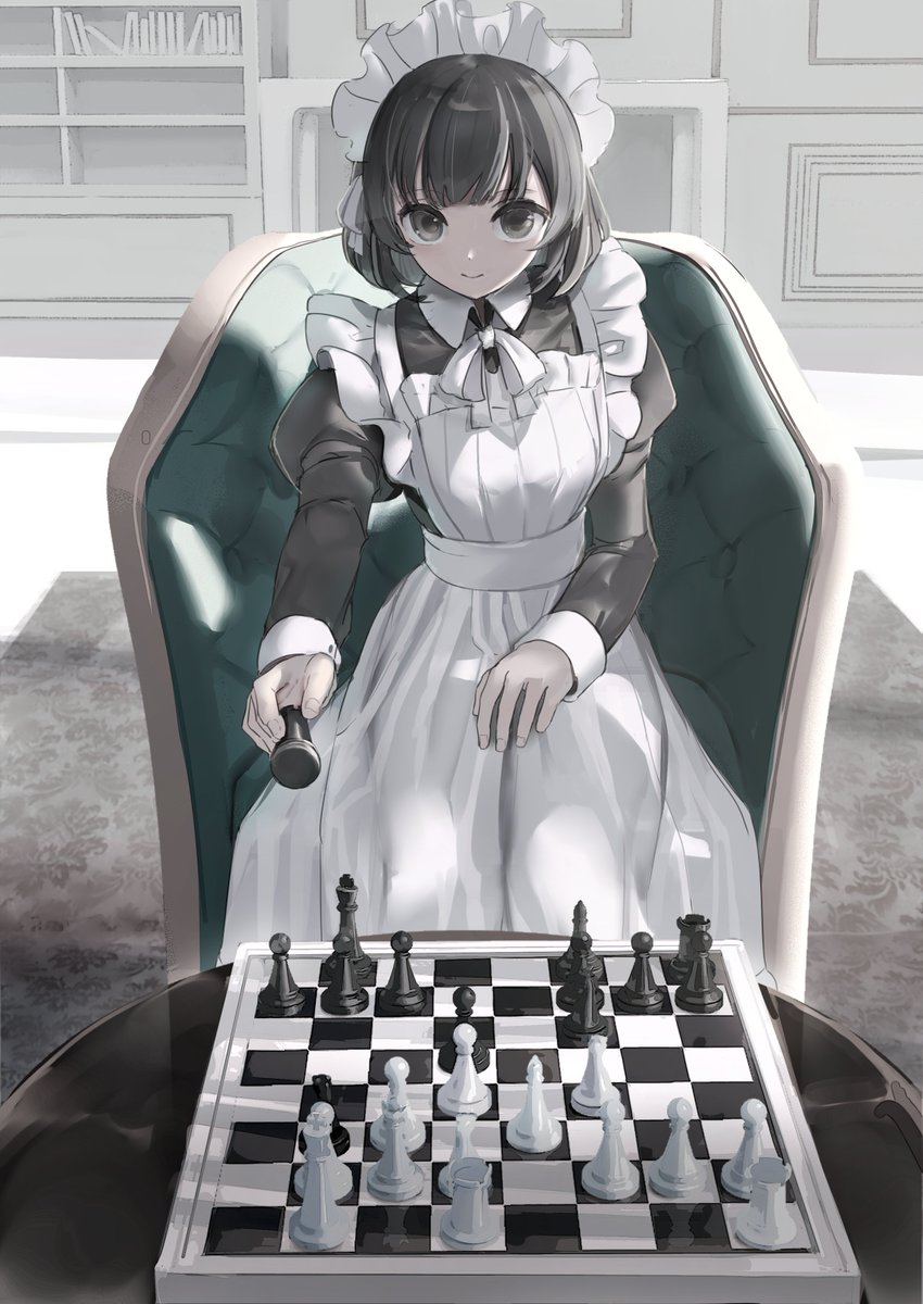 1girl solo maid chess piece apron chair maid headdress  illustration images