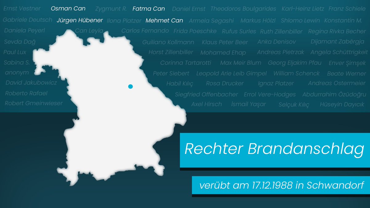 Wir erinnern an den rechten Brandanschlag in Schwandorf, der am 17.12.1988 verübt wurde. Dabei starben Fatma Can, Osman Can, Mehmet Can und Jürgen Hübener. Insgesamt wurden 12 Bewohner*innen zum Teil schwer verletzt. Heute jährt sich der Anschlag zum 35. Mal.