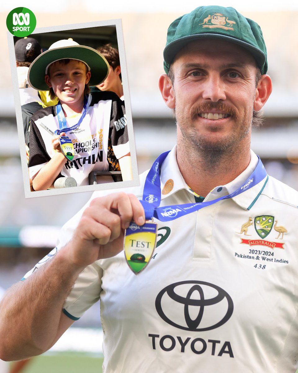 🏏🇦🇺 Mitchell Marsh is the Perth Test's Player of the Match, with scores of 90 and 63* plus the wicket of Babar Azam. 🥇 But a fan will be going home with his medal, after the Bison handed his prize to a lucky young supporter! Match report: ab.co/3TvwmFc #AUSvPAK