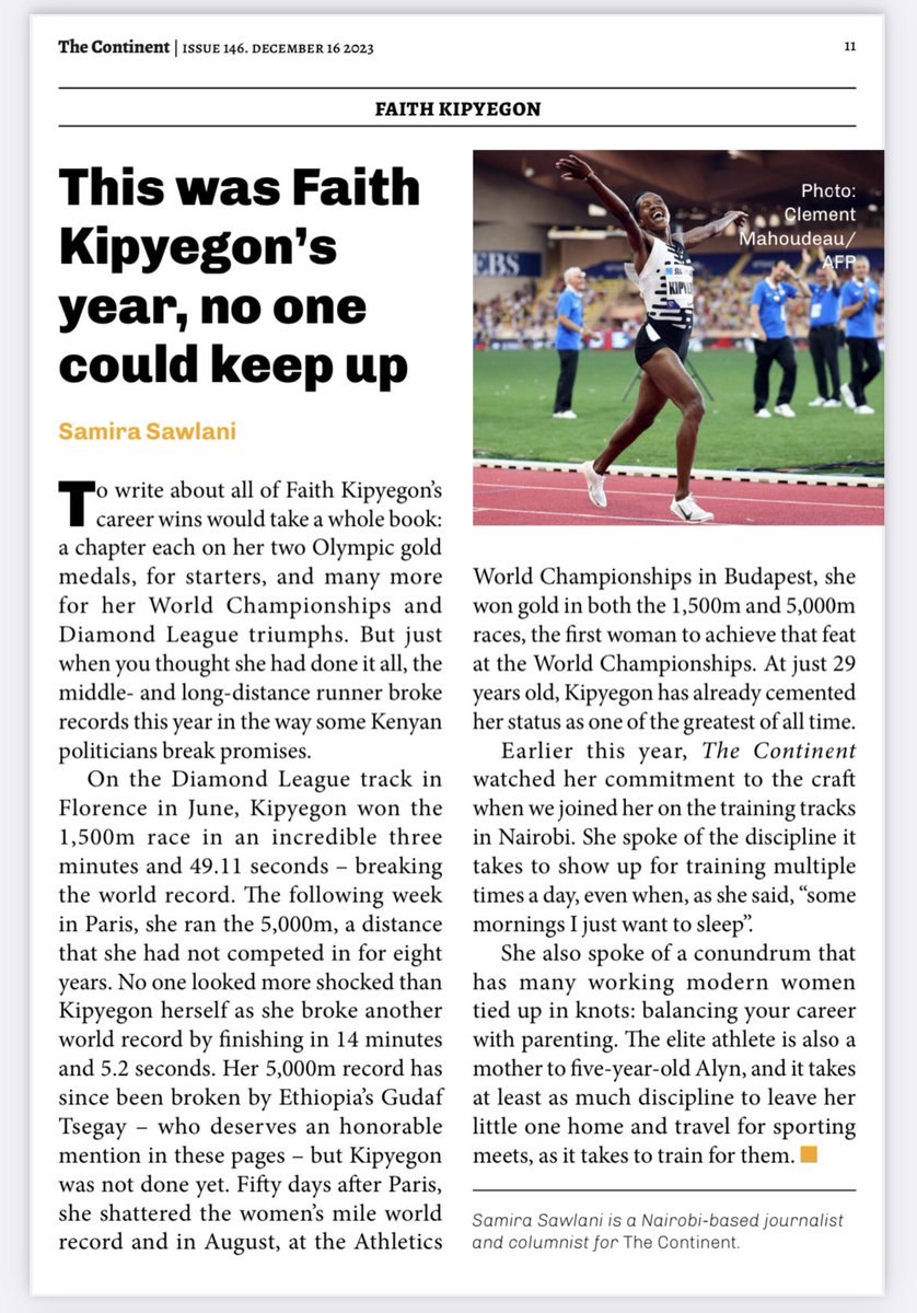 For @thecontinent_’s Africans of the year edition i wrote about @Kipyegon_Faith — it was her year, no one could keep up! (I also interviewed her earlier this year- see my pinned tweet for that!)