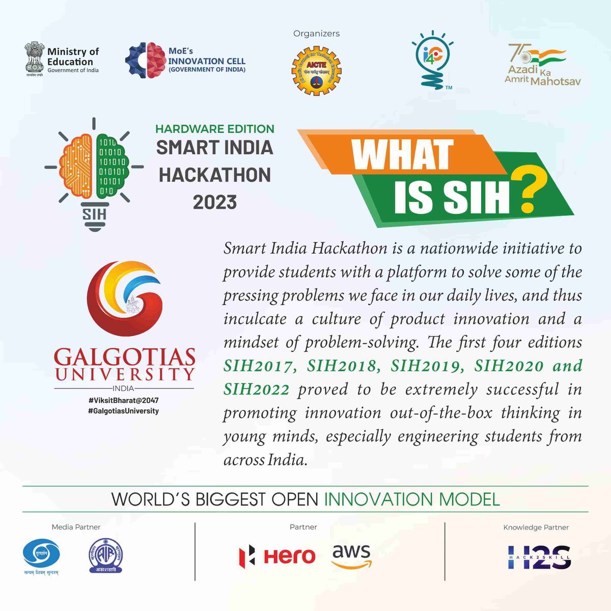 imakashaman's tweet photo. GU is proud to host the prestigious event "Smart India Hackathon 2023 Grand Finale - Hardware Edition" - World's Biggest Open Innovation Model from 19 to 23 Dec. 
#SIH2023, #smartindiahackathon, #PM_ModiAtSIH, #InnovationSeAtmanirbharBharat , #JaiAnusandhan #GalgotiasUniversity https://t.co/3tP7cdiXs6