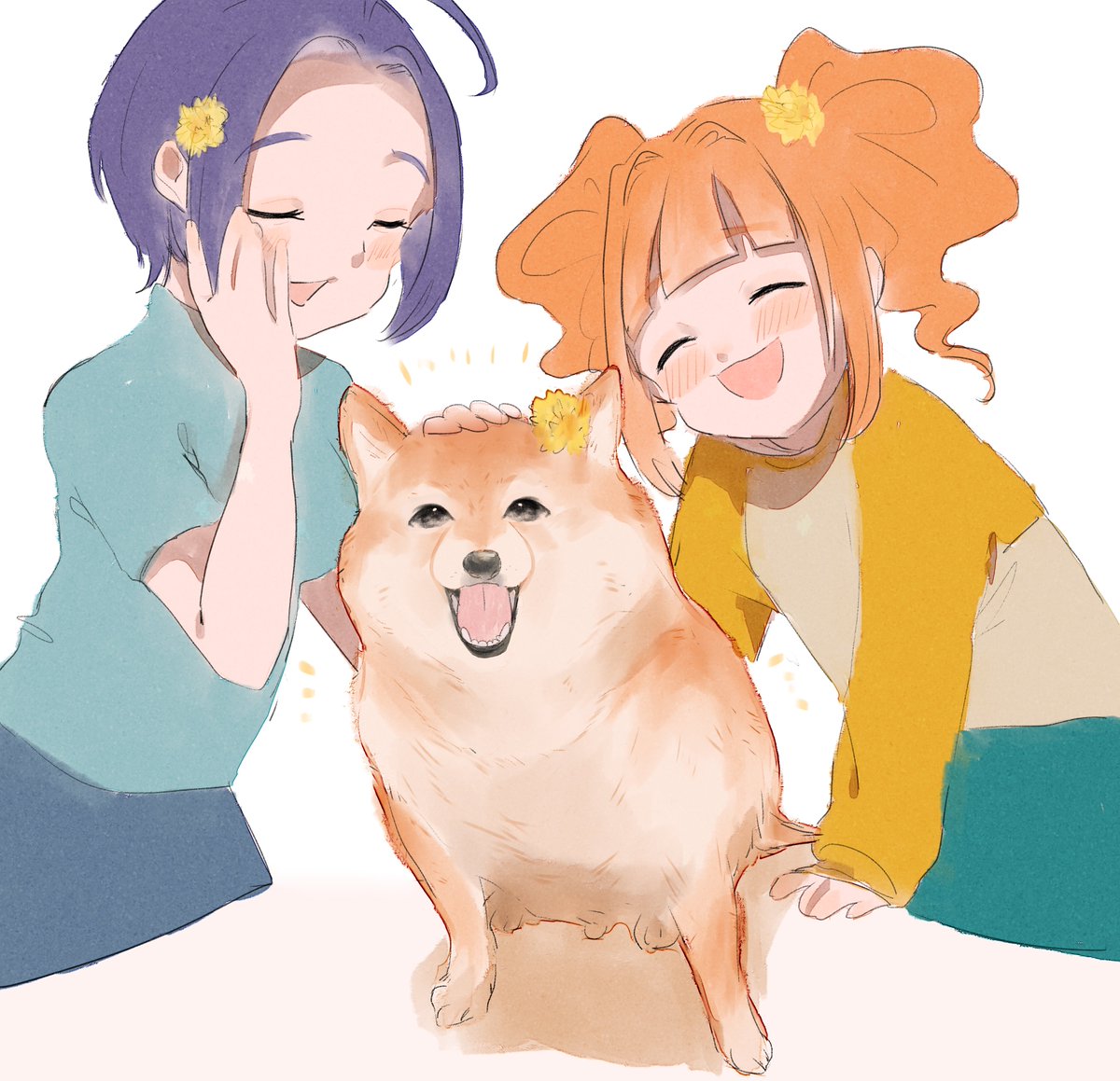 miura azusa ,takatsuki yayoi multiple girls 2girls dog twintails closed eyes raglan sleeves ahoge  illustration images