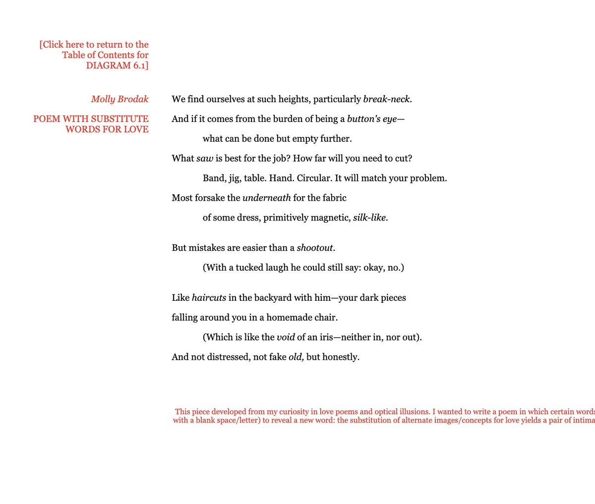 DIAGRAM (@el_diagram) on Twitter photo Only now, reading sections from <a href="/blakebutler/">blake butler</a>'s (very good) MOLLY, we realized we published 3 of Molly Brodak's poems (in 6.1 and 20.5, probably right around the time of her death). Beautiful poems that feel even more charged with meaning in this sad context. Here they are. Only now, reading sections from <a href="/blakebutler/">blake butler</a>'s (very good) MOLLY, we realized we published 3 of Molly Brodak's poems (in 6.1 and 20.5, probably right around the time of her death). Beautiful poems that feel even more charged with meaning in this sad context. Here they are.