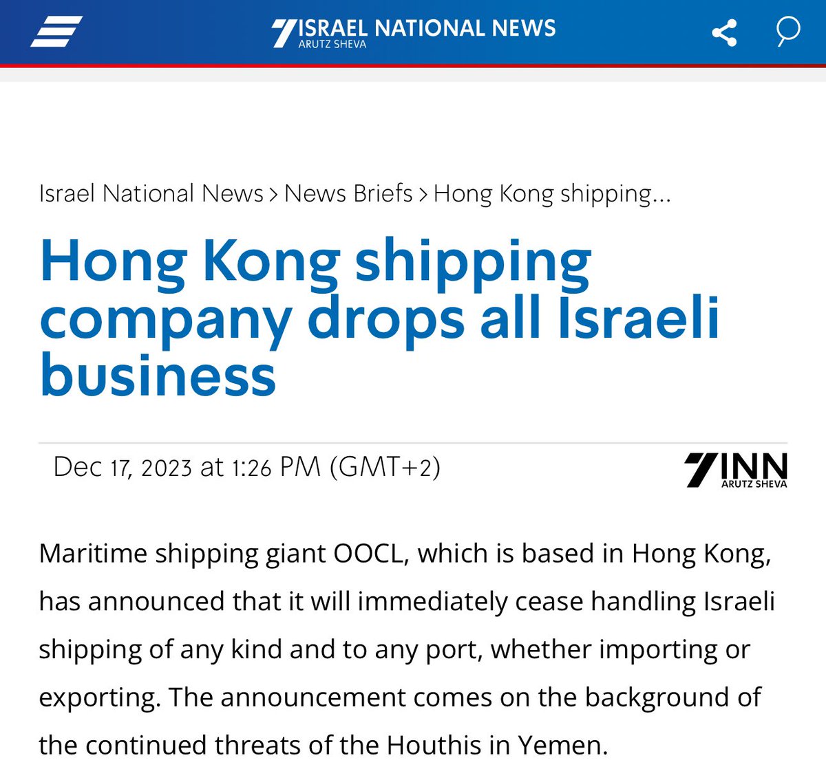 THIS IS HUGE! “Maritime shipping giant OOCL, which is based in Hong Kong, has announced that it will immediately cease handling Israeli shipping of any kind and to any port, whether importing or exporting.”