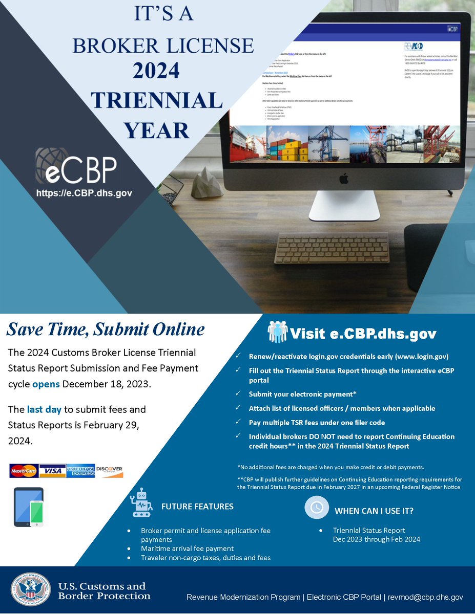 Customs Brokers Triennial Status Reporting Opens Tomorrow, Dec 18, 2023.
e.cbp.dhs.gov/brokers/#/home
#customsbrokers #customsbrokerage #brokercompliance #customscompliance