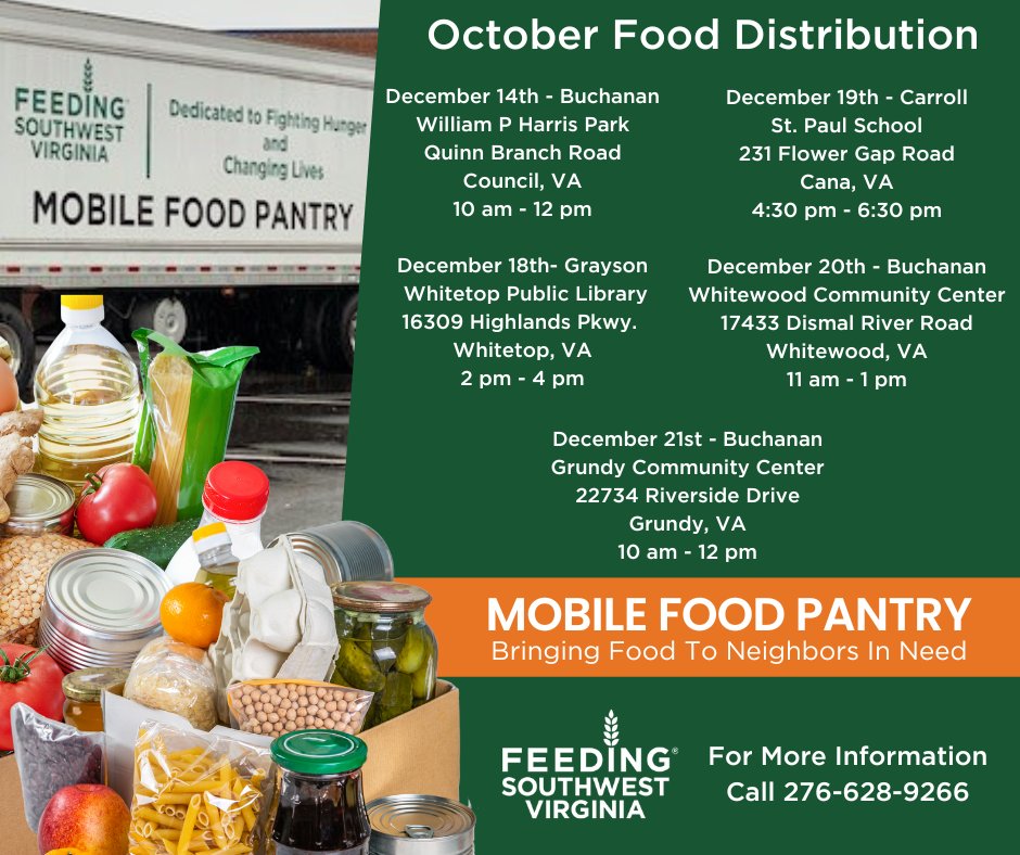 Come join Feeding SWVA at one of our Mobile Food Pantry (MFP) anytime this month! Our MFP provides shelf-stable foods to qualified Virginia residents needing food assistance. If that describes you or someone you know, please come by or help spread the word!