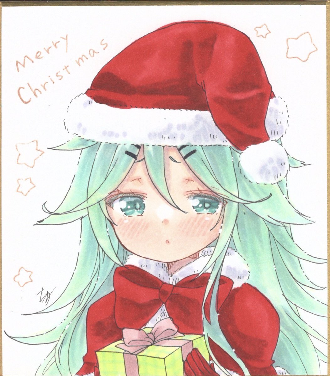 yamakaze (kancolle) 1girl solo hat santa hat gift long hair green hair  illustration images
