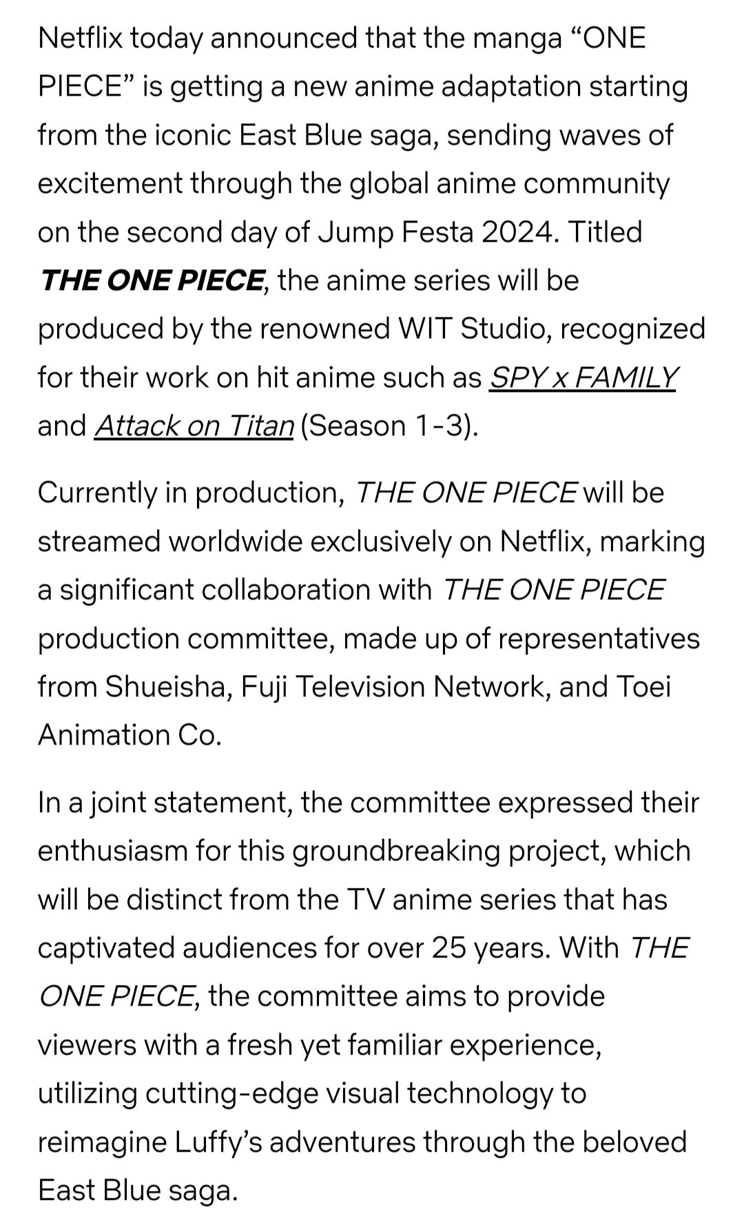 One Piece Anime Will Have A Remake Made by Wit Studio (Attack on