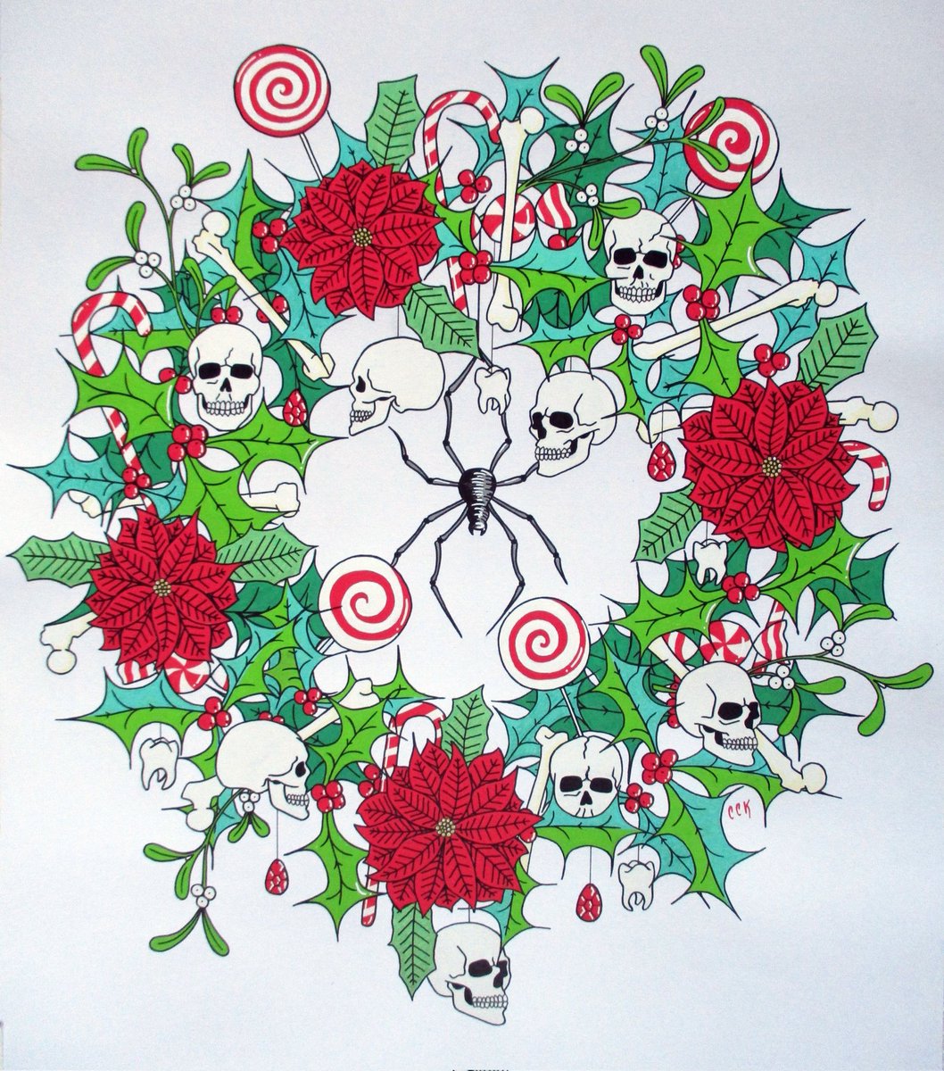 #Creepmas #Wreath - #Posca #Drawing on apx A2 paper
#art #artist #artwork #independentartist #christmas #gothmas #gothicchristmas #gothicwreath #holly #mistletoe #pointsettia #skulls #bones #horror #spider #candy #altchristmas #candycanes #poscapens #festiveart #illustration