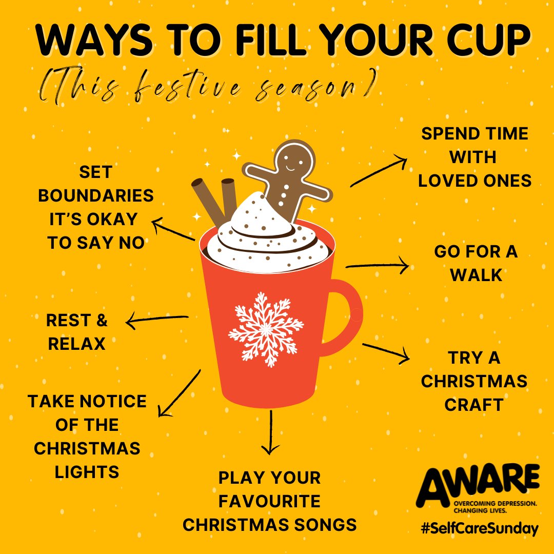 The festive season can be challenging for many reasons. Making time for self-care and doing things that bring us joy and relaxation can help us cope with daily stress and the additional stress this season can bring. #AWARENI #SelfCareSunday