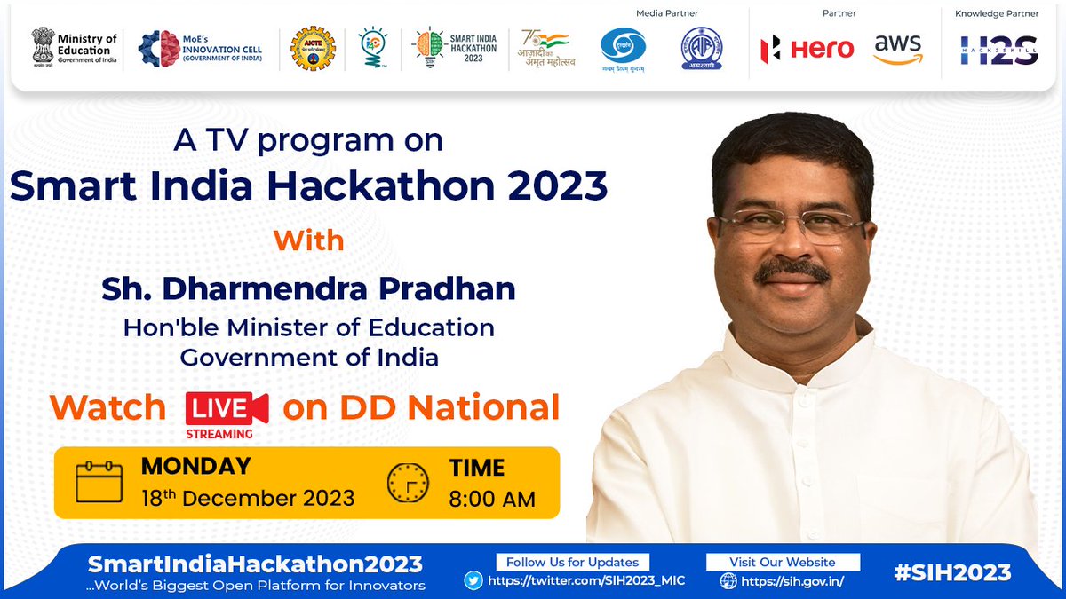 Hon'ble Minister of Education Shri @dpradhanbjp will be live on @DDNational tomorrow at 8 am for a TV program on #SmartIndiaHackathon2023. Watch live on YouTube: youtube.com/live/zONyZtzWl…