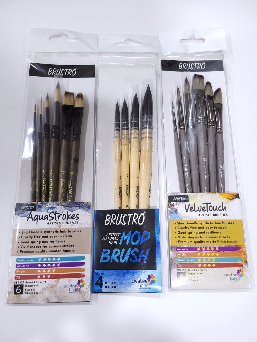 From vibrant watercolor washes to intricate detailing in acrylics, Brustro brushes shine in every medium. Mop for sweeping strokes, Aquastrokes for precision, Velvetouch for luxurious textures – your artistic toolkit awaits. Elevate your creations! #ArtisticTools #BrushMastery