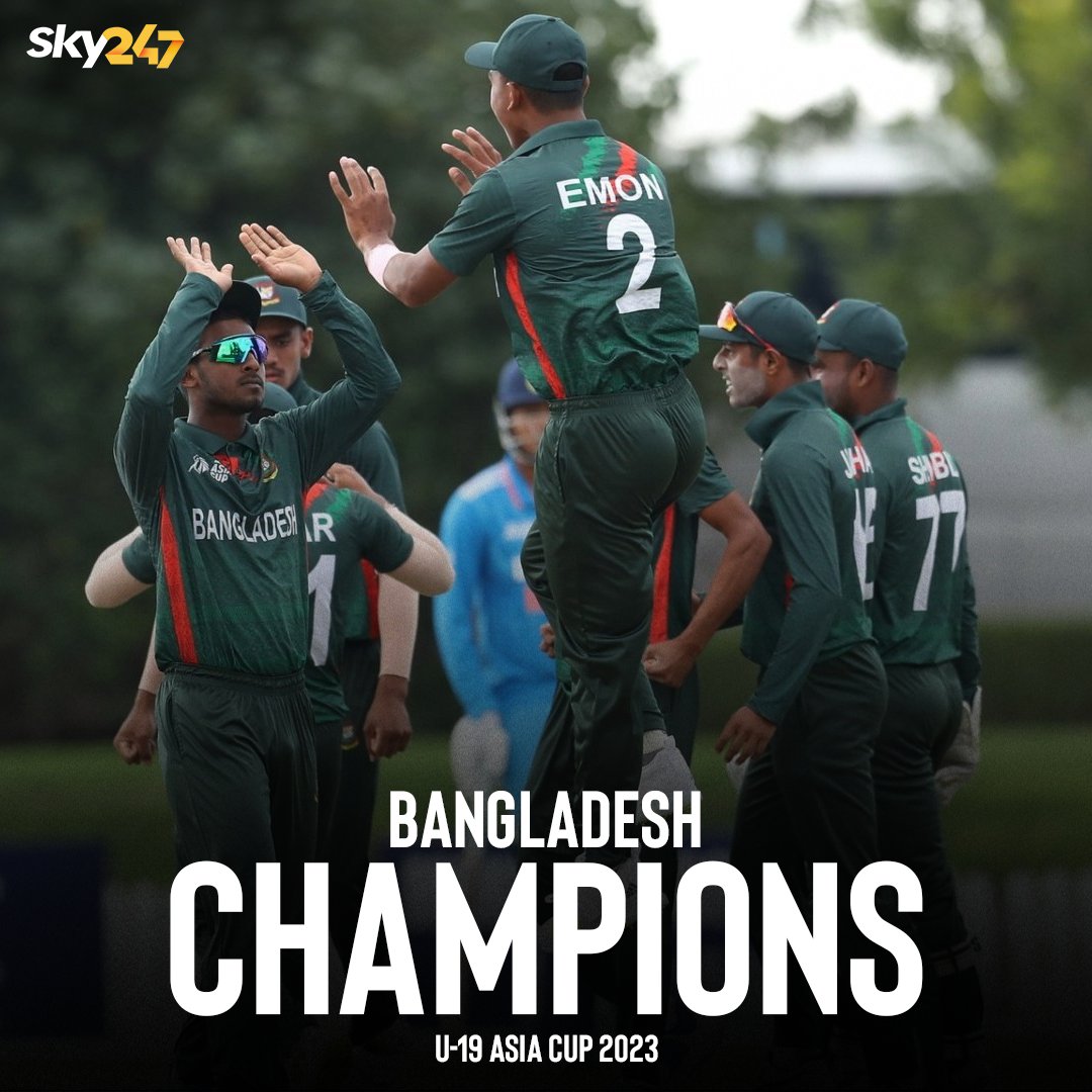 Cheers to the new U19 champions of the Asia Cup, Bangladesh!
After hosting the U19 tournament in 1989, they have finally emerged victorious in 2023.

#SKY247 #AsiaCup #BANvsUAE #U19 #U19Cricket #champions #final #BangladeshCricket