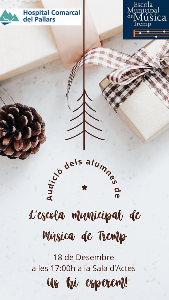 🎶🎄Recordeu demà dilluns 18 de desembre a les 18h a la Sala d'actes <a href="/hospitalpallars/">Hospital del Pallars</a> audició dels alumnes de l'escola Municipal de Música de Tremp
#ajuntamentremp