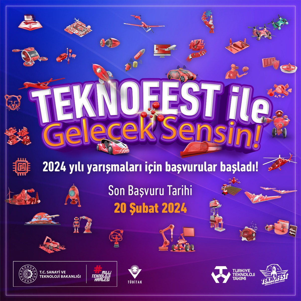 TEKNOFEST ile gelecek sensin! 🤩 Geleceğin teknoloji yıldızı olmak istiyorsan projeni tamamla, @teknofest 2024 yılı yarışmalarına sen de katıl.🚀 Son başvuru tarihi: 📅 20 Şubat 2024 Detaylar: 👇 teknofest.org/tr/yarismalar/