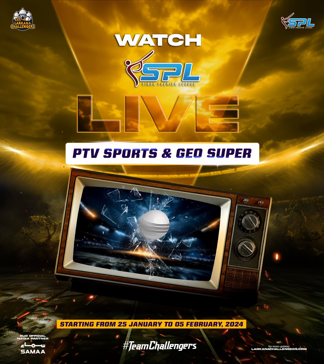 ✨WATCH #SPLSeason1 🔴 LIVE on 𝗣𝗧𝗩 𝗦𝗣𝗢𝗥𝗧𝗦 & 𝗚𝗘𝗢 𝗦𝗨𝗣𝗘𝗥.
The most anticipated and ⚡electrifying cricket🏏 event will start from 25th January to 5th February 2024.

 #SPL #TeamChallengers #LarkanaChallengers💜💜 #LarkanaChallengers