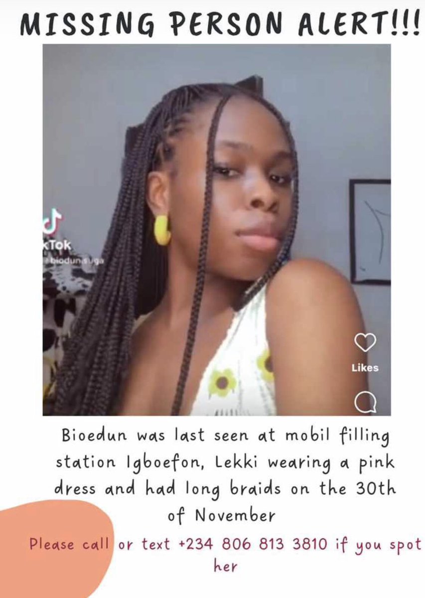 Biodun is still missing, please help retweet and share it till she’s found 🙏