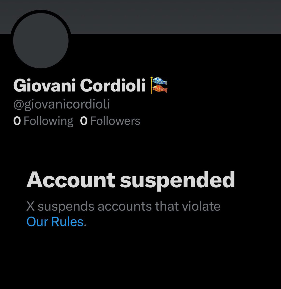 GM. Not GM for my dear friend Gio who woke up to this. 

He has requested <a href="/X/">X</a> to review the action but we don’t understand why this happened. 

Kindest person. Always sweet and supportive. Never even posts nvdes. 

If you don’t see him, this is why. 
His account is from 2008 🥲