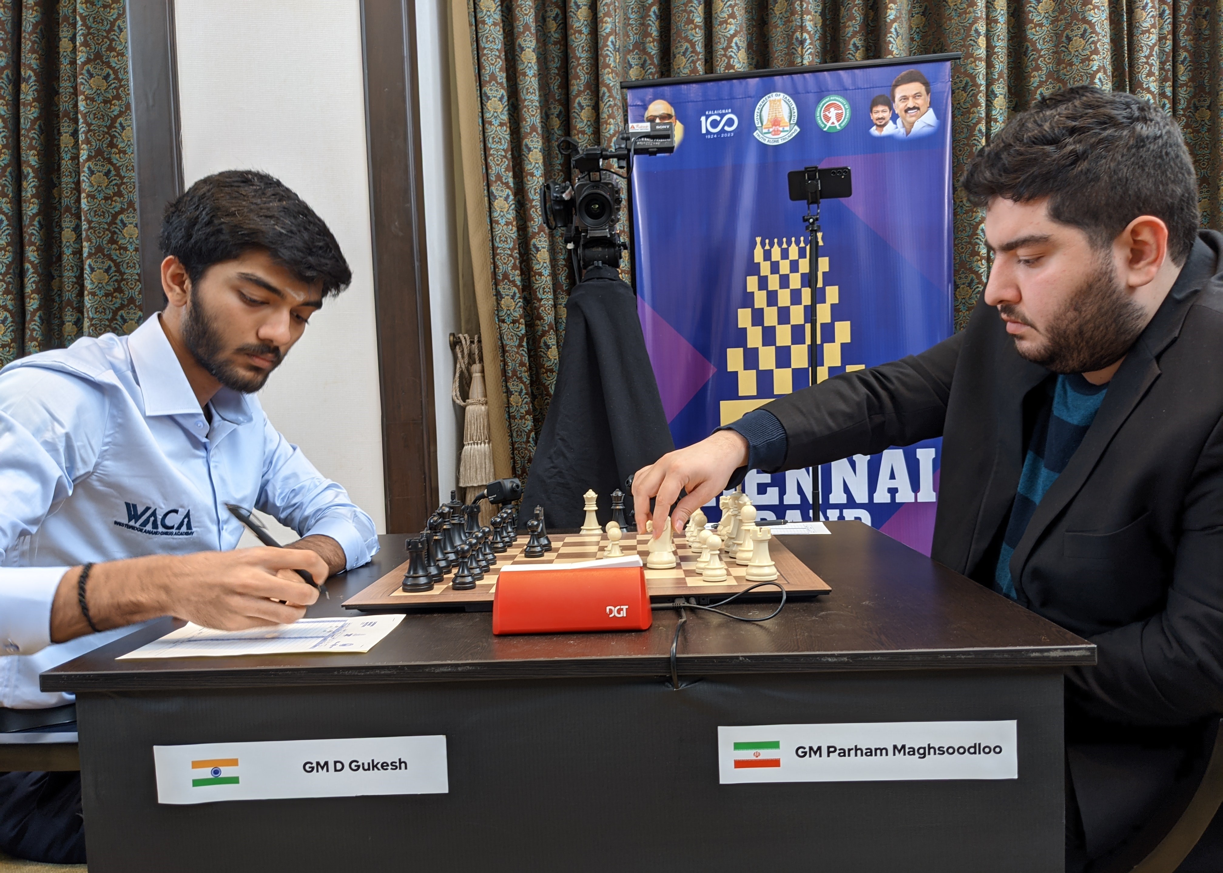 Vishy Anand makes the inaugural first move of Chennai Grand Masters 2023 on  D Gukesh and Arjun Erigaisi's board 📷Shahid Ahmed #Chess…