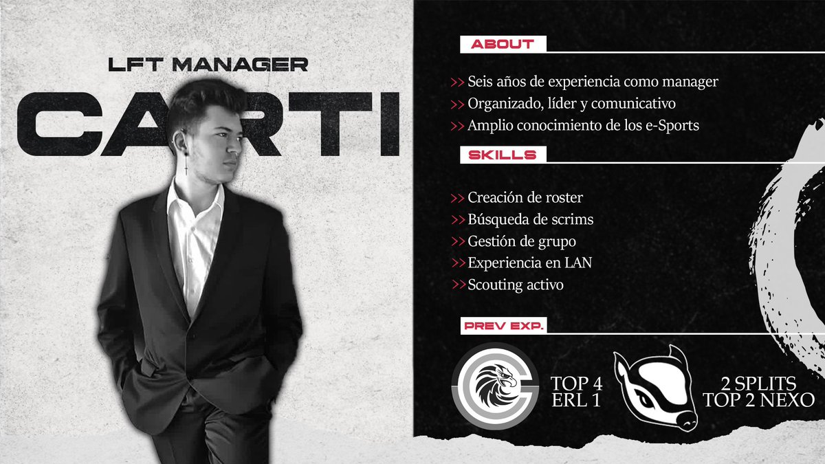 Después de estar un Split inactivo y pasando ese Split en valorant, me pongo LFT como manager.

Para mas información de mi experiencia aquí mi Leaguepedia: lol.fandom.com/wiki/Self:Carti

Contacto por MD o Discord: CartiSalvaje(A.Ballesteros)#0463