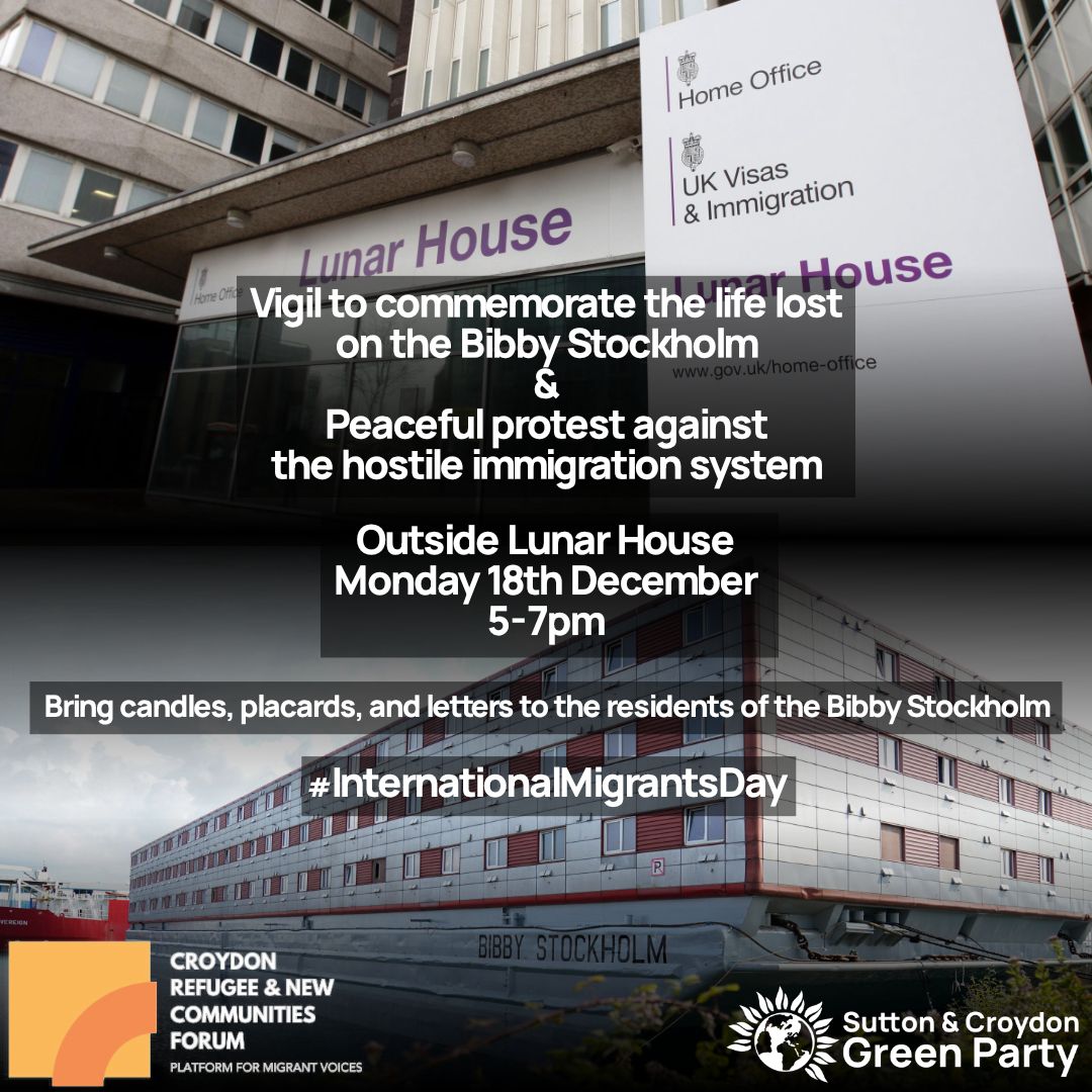 🕯️ Join us for a vigil honoring the live lost on the Bibby Stockholm &amp; opposing the cruel immigration policies. 🗓️ Dec 18th | ⏰ 5-7pm 📍 Outside Lunar House, Home Office Building On #InternationalMigrantsDay let's unite in solidarity for compassion &amp; humane immigration policies.
