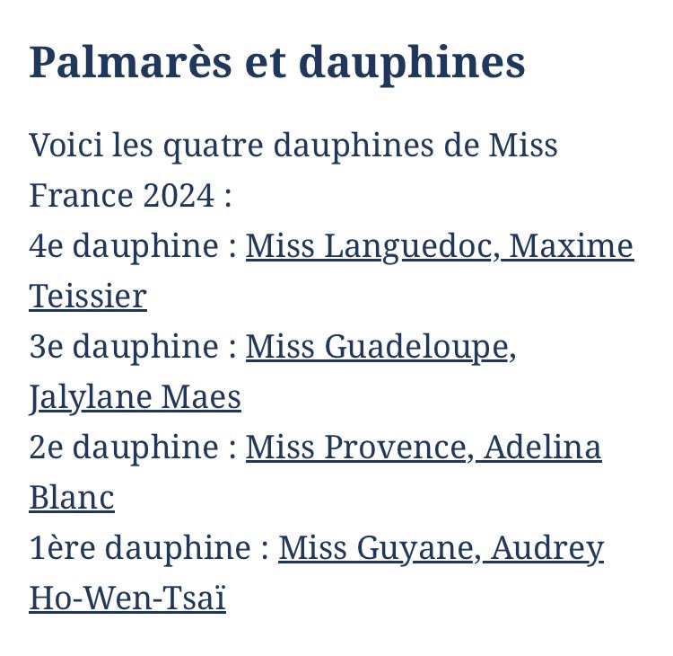 Ci-joint, les 4 dauphines de #MissFrance2024 (Le Figaro) 

4e Miss #Languedoc #MaximeTeissier 

3e Miss #Guadeloupe 
#JalylaneMaes 

2e Miss #Provence #AdélinaBlanc 

1e Miss #Guyane #AudreyHoWenTsaï 

Vive les dauphines de #MissFrance !

🔵⚪️🔴
🥳🥳🥳
✨✨✨
👏🏾👏🏽👏🏼👏🏻👏👏🏿
🇫🇷🇫🇷🇫🇷