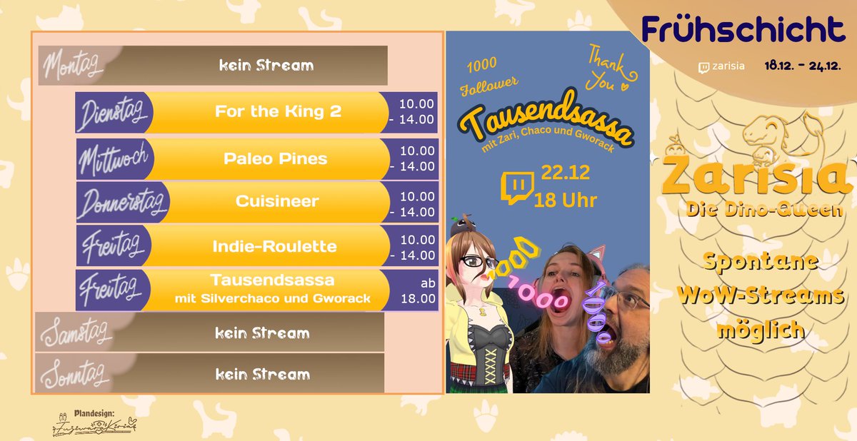 Festtagswoche! Doch ich ignorier sie einfach komplett. Wir machen ganz gewohnten Content ohne Festtags-Schnickschnack. Am Freitag jedoch, da feiern wir den epischen Tausendsassa-Stream! Drei fantastische Streamer*innen, 1000 Follower! Wir feiern das gemeinsam am 22.12. ab 18 Uhr