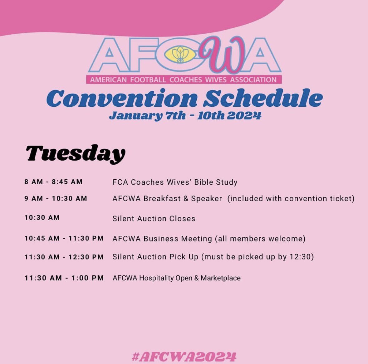 📣 The 2024 AFCWA Convention is in TWENTY ONE DAYS!

Check out our schedule below! We have so many fun things planned! ✨

Register at afcwa.org today! 

afcwa.org