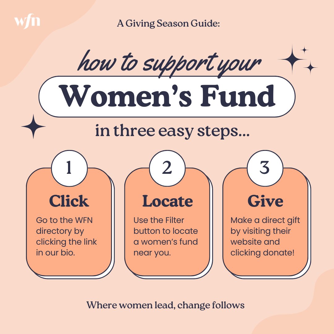 Where women lead, change follows. This giving season, support your local women's fund by using our simple guide! Go to WFN's member directory bit.ly/3N4Pfuz, use the filter button to locate a women's fund near you, and make a direct gift to them through their website.