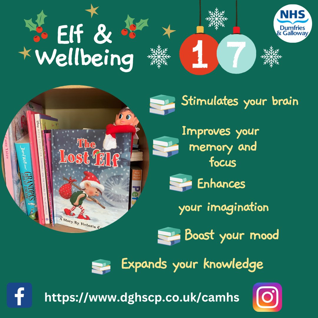 🎄CAMHS Elf & Wellbeing Day 17 🎄'Willow' enjoys reading her Christmas book. What is your favourite book? 📚#CAMHSElfandWellbeing #CAMHSParticipation #Reading #Selfcare #Imagination #Books