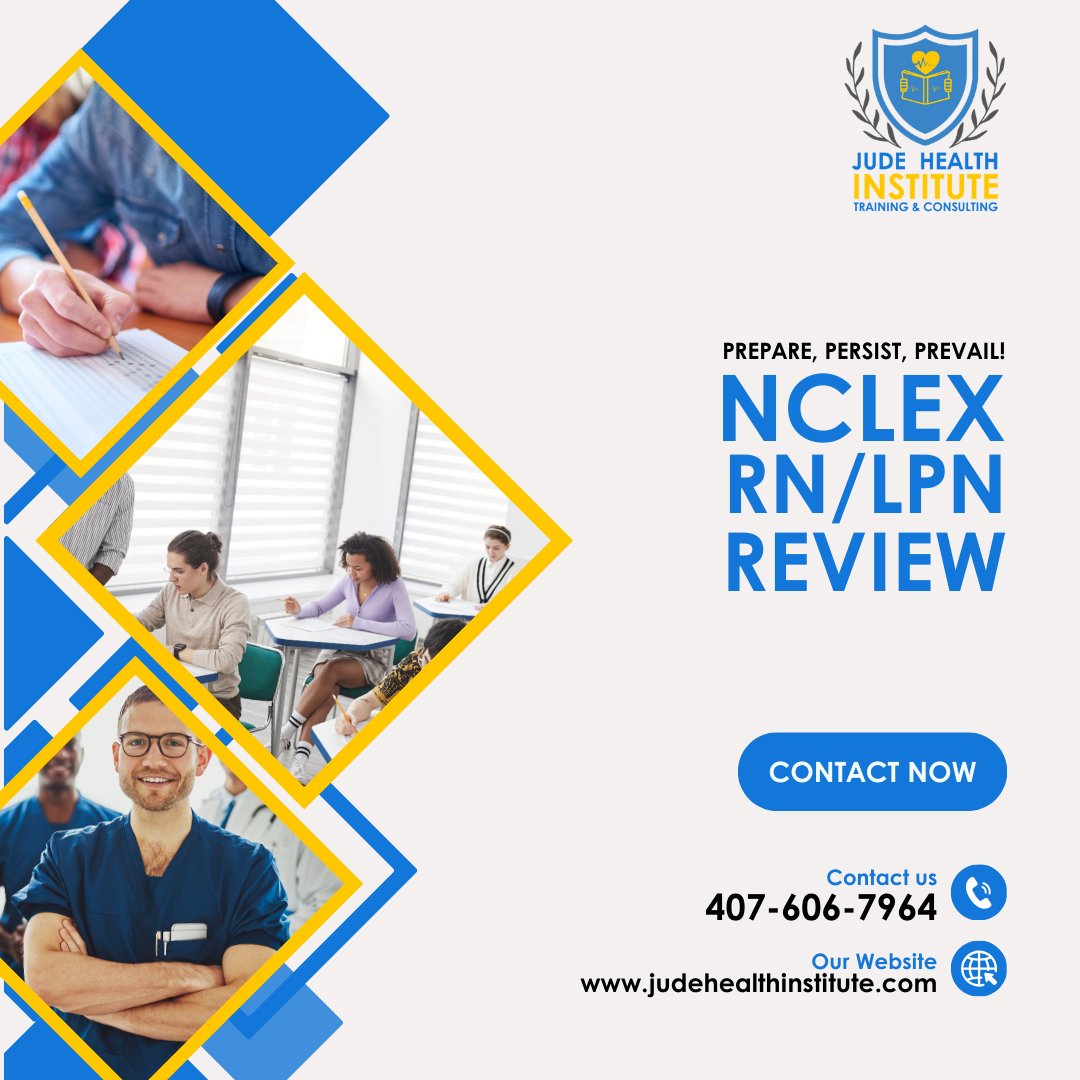 Master the NCLEX at Jude Health Institute's Review! Elevate skills with sessions, practice exams & insights. Limited spots! Reserve now: +1 407-606-7964 or judehealthinstitute.com. Your path to nursing excellence! 💪✨ #NCLEXReview #NursingExcellence #JudeHealthInstitute