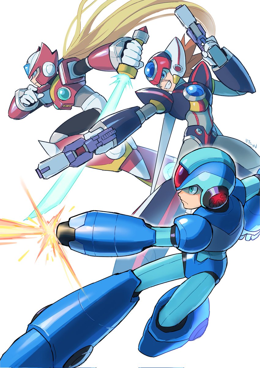 zero (mega man) weapon energy sword multiple boys android blonde hair helmet holding  illustration images