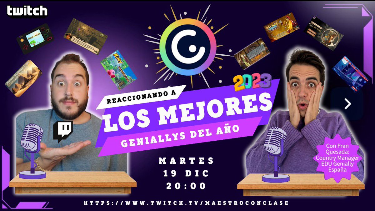 Me hace especial ilusión cerrar el 2023 reaccionado en directo 🔴 a los mejores <a href="/genially_es/">Genially (Español)</a> del año 🏆en el canal de <a href="/TwitchES/">Twitch ES</a> <a href="/TwitchLatam/">Twitch LATAM</a> de <a href="/maestroconclase/">Maestroconclase</a> 

Os esperamos el próximo martes 19 de diciembre a las: 

20:00 🇪🇸 
13:00 🇲🇽
14:00 🇨🇱
15:00 🇦🇷

twitch.tv/maestroconclase