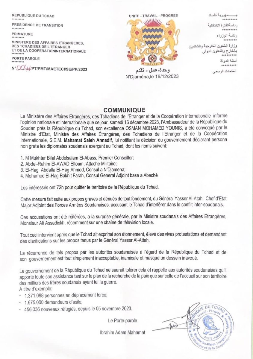 Government of Chad has expelled 4 Sudanese diplomats- N’Djamena say this decision was made following remarks by a Sudanese official who accused Chad of interfering in the conflict in Sudan