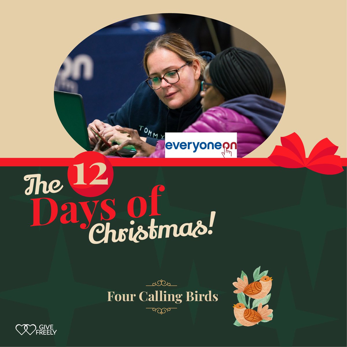 On the fourth Day Of Christmas, 🎅 set aside the "Four Calling Birds" and unite your support for the cause of @everyoneon through Give Freely.

#givefreely #everyoneon #giftswithpurpose

Link in our Bio.
Shop. Save. Support!