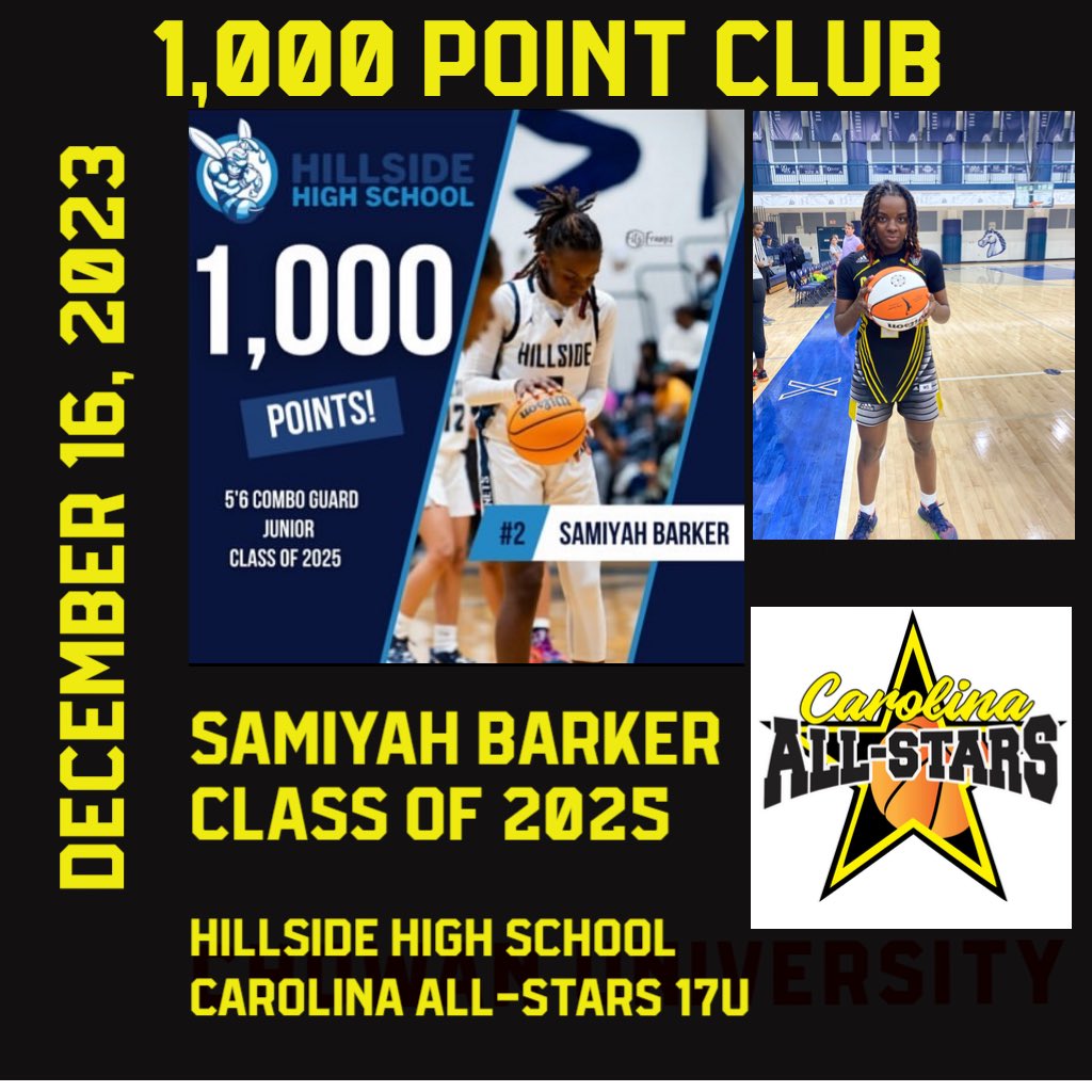 carolinallstars's tweet image. Congrats Carolina All-Stars Class of 2025 Guard Jr. SAMIYAH BARKER @samiyahbarker of Hillside HS on career point 1️⃣0️⃣0️⃣0️⃣ 🏀

Samiyah is tracking for a great Junior Season. So far, she has had 30 pt game along w/ 2 more 20+ games. 5 games of &amp;gt;3 3FGM on 41%

Congrats Miyah!