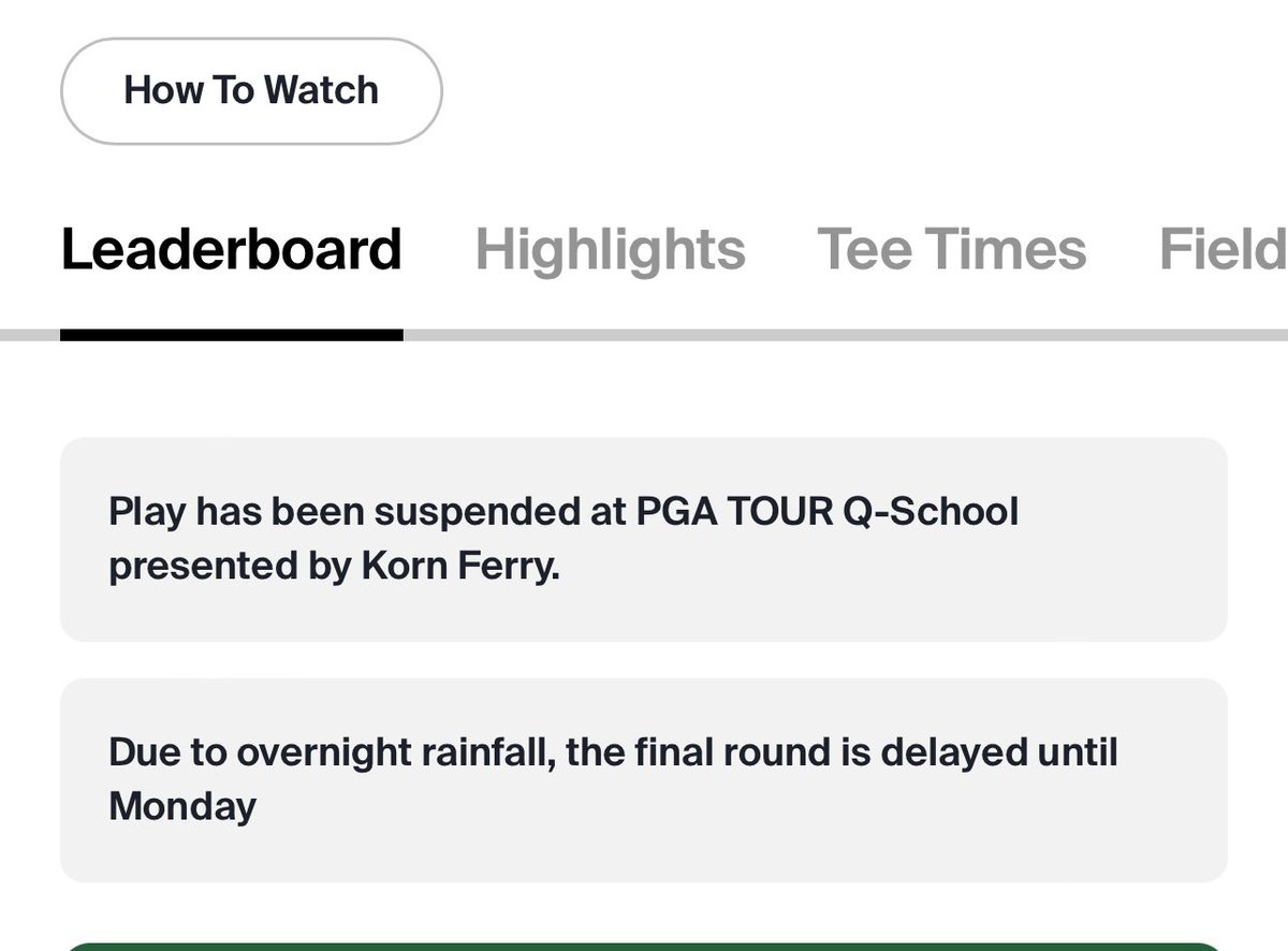 The final round of @PGATOUR Q-School has been delayed until Monday 🌧️🌧️