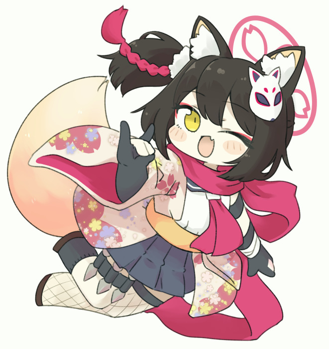 izuna (blue archive) 1girl animal ears tail solo one eye closed skirt fox ears  illustration images