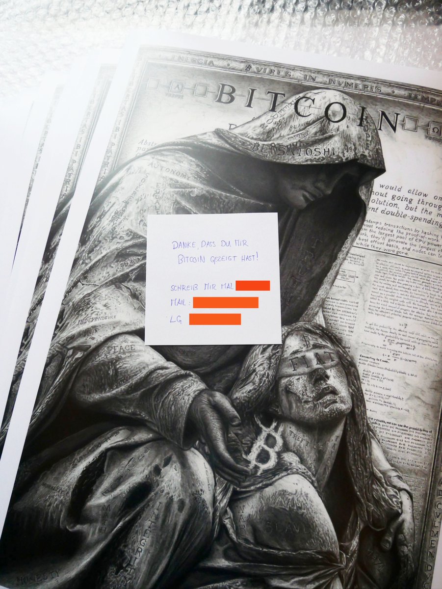 I have a wonderful story to tell that has moved me a lot:

For almost two years now, I have had the prints of my drawings produced by the same company here in Germany.

I try to craft a new #Bitcoin  drawing every month, have it scanned and then commission the prints.

So far