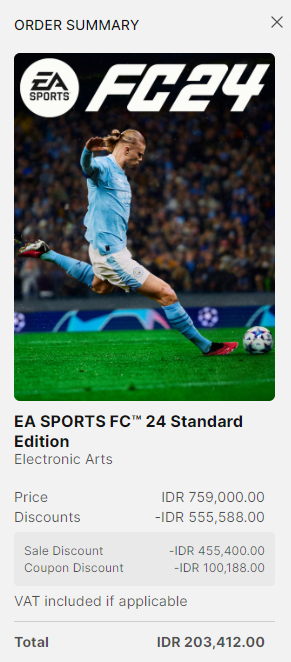 FC24 lumayan banget sih ini pake kupon 33% di Epic jadi 200 ribu buat game yang rilis belum ada 6 bulan