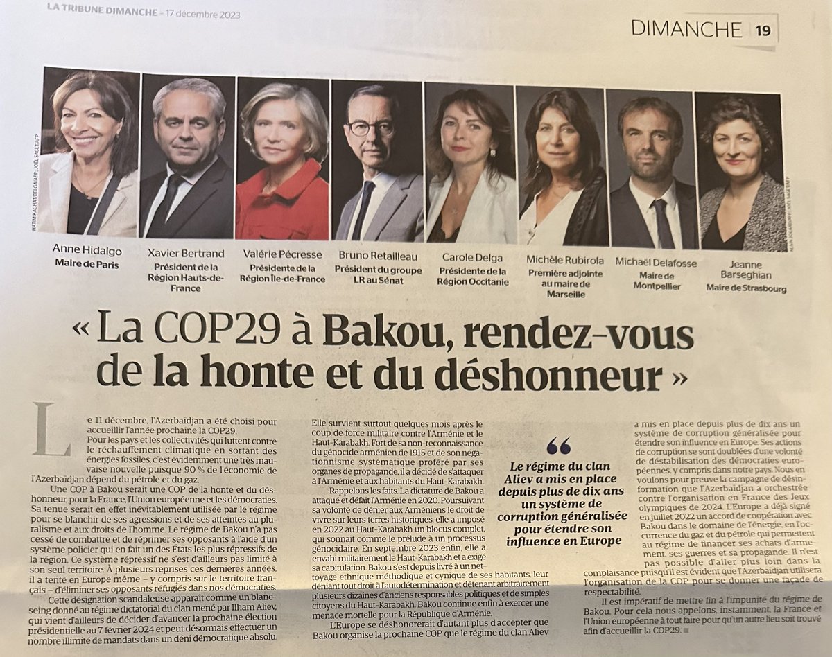 FranckPapazian's tweet photo. Ensemble, continuons le combat pour empêcher que la COP 29 soit le RV de la honte et du déshonneur!
Merci @LaTribune et au signataires de ce texte @Anne_Hidalgo @xavierbertrand @vpecresse @BrunoRetailleau @CaroleDelga @MicheleRubirola @MDelafosse @JeanneBarsegh ! Ne lâchons pas https://t.co/8YROSaClCt